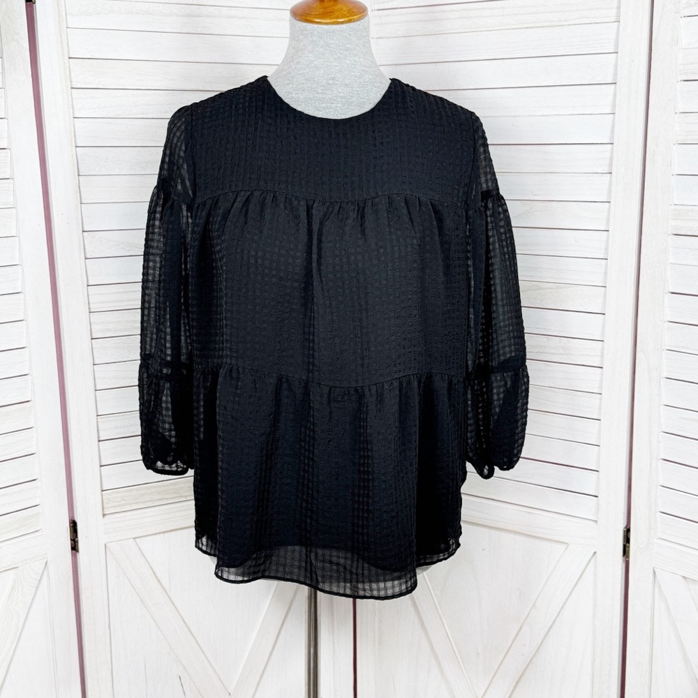 Calvin Klein Textured‎ Check Tiered Chiffon Popover Blouse Black Small Boho Goth
